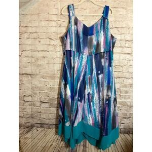 Catherines Midi Dress Womens 1X Turquoise & Purple Artsy Print Aysymmetric Hem